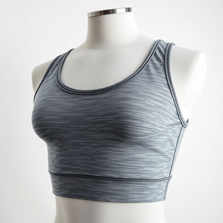 Men's yoga clothes: Heather Grey sports bra with underwire on white background, hyperrealistic 8k studio photo.