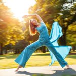 A woman in Sky Blue yoga flare pants performing a yoga pose in an Australian park, wide leg workout pants in motion.