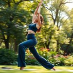 A woman in navy blue yoga flare pants performing a yoga pose in an Australian park.