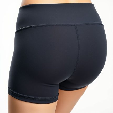 Women's yoga pants seamless shorts in charcoal on white background, hyperrealistic 8k studio photo.