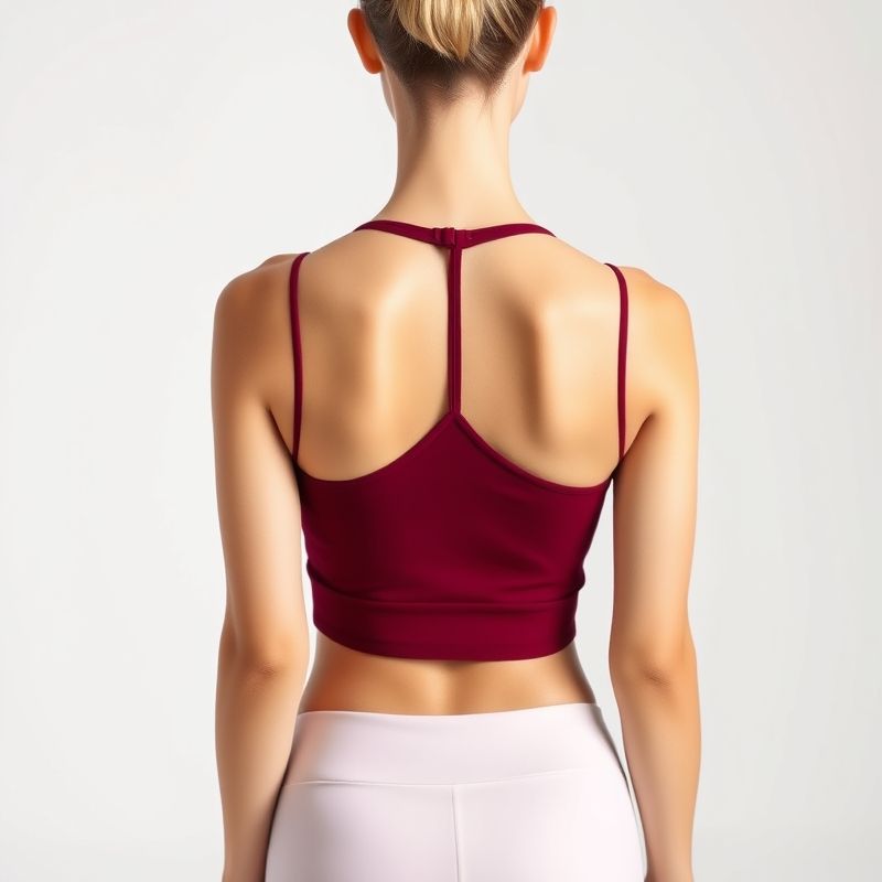 pollinations-yoga-tank-6-197064 Back view of a model wearing a burgundy yoga tank seamless crop top, studio shot on white background.