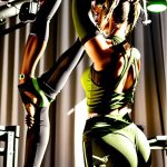 Back view of a model wearing olive green yoga tank tops and female yoga pants, studio shot on white background.